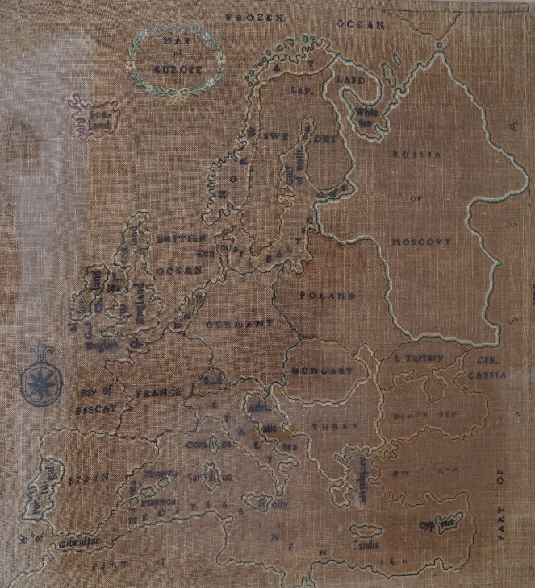 A late 19th century map sampler of Europe, linen backing discoloured by the light and sun, 46cm wide, 47.5cm high. Condition - fair, discolouration and staining